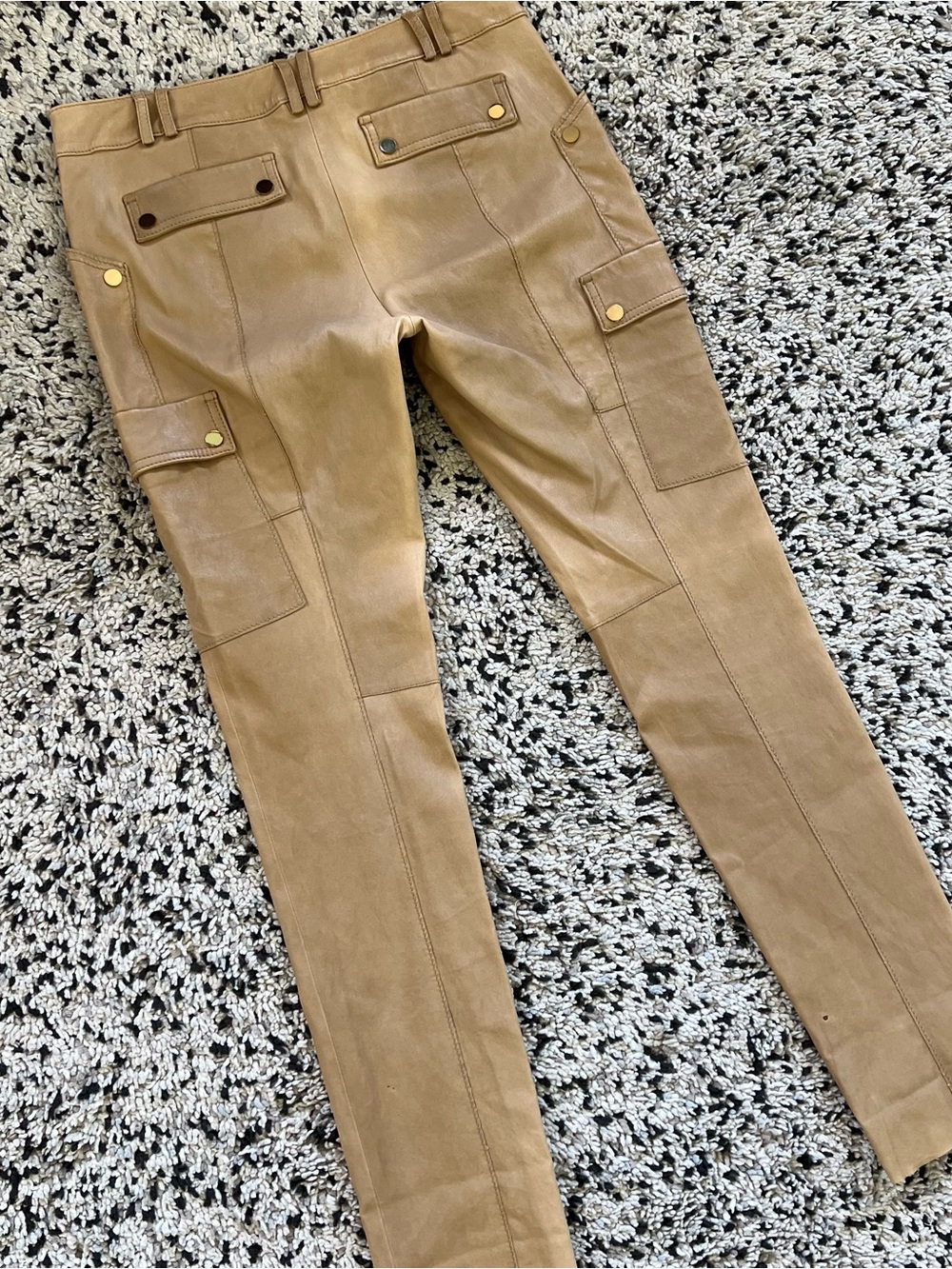Tory Burch Leather Pants Distressed Tan Cargo Pockets Women’s Size 10 - Picture 14 of 16